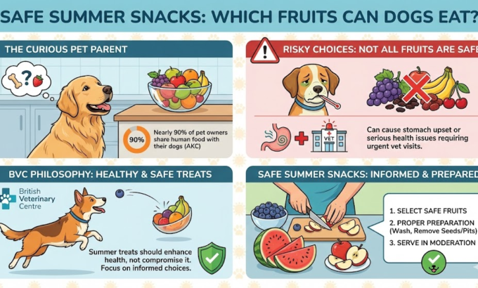 Infographic guide on safe vs. risky fruits for dogs, listing healthy summer snacks and preparation tips.