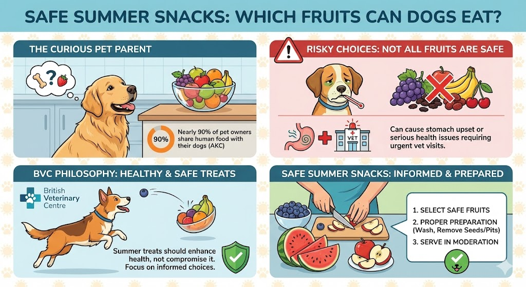 Infographic guide on safe vs. risky fruits for dogs, listing healthy summer snacks and preparation tips.