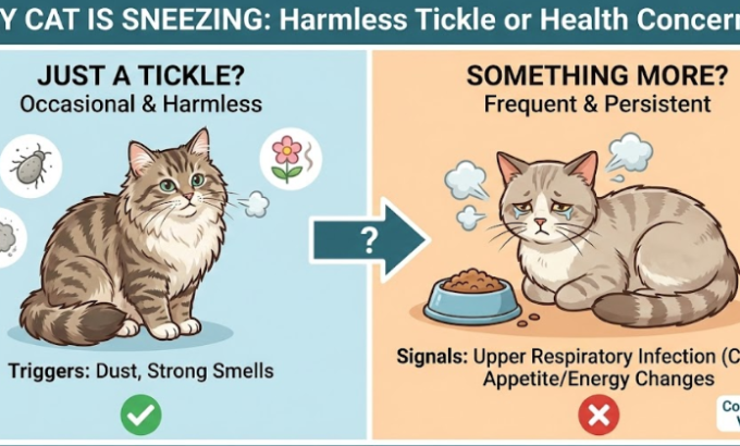 Infographic comparing harmless cat sneezing triggers vs. serious symptoms like cat flu requiring a vet.