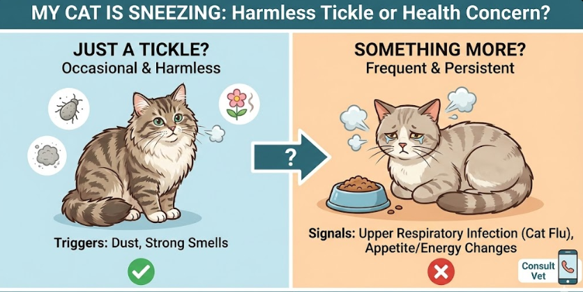 Infographic comparing harmless cat sneezing triggers vs. serious symptoms like cat flu requiring a vet.