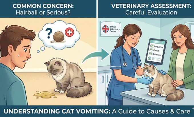 Infographic on cat vomiting: distinguishing harmless hairballs from serious issues requiring veterinary assessment.
