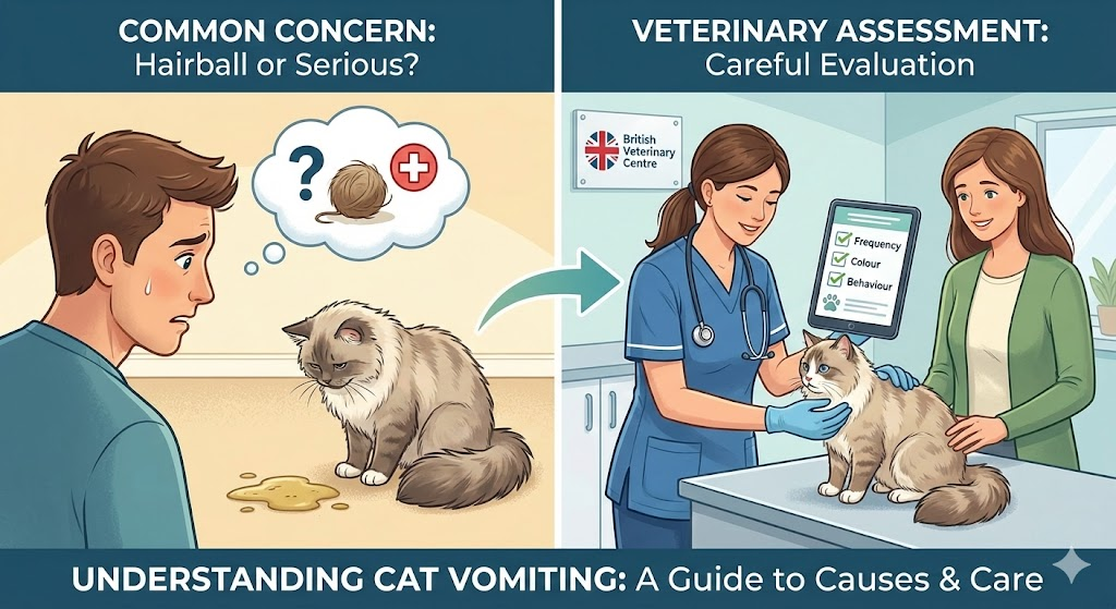 Infographic on cat vomiting: distinguishing harmless hairballs from serious issues requiring veterinary assessment.