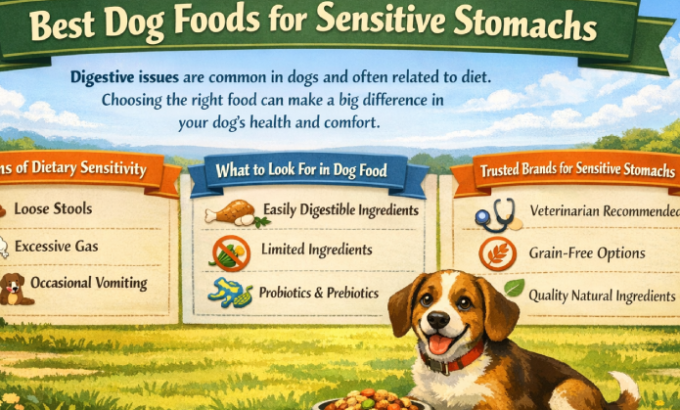 Digital guide showcasing the best dog foods for dogs with sensitive stomachs, with sections highlighting signs of dietary sensitivity, what to look for in dog food, and trusted brands. The guide is visually enriched with a countryside setting and a cheerful dog by its food bowl.