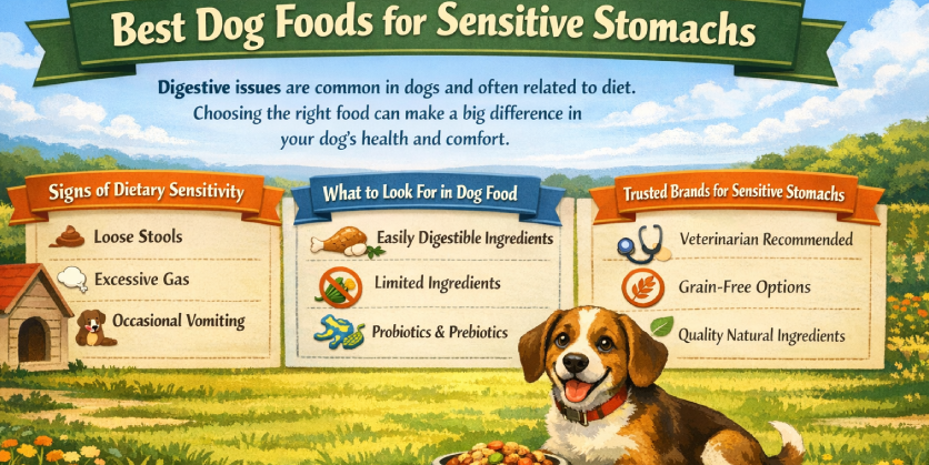 Digital guide showcasing the best dog foods for dogs with sensitive stomachs, with sections highlighting signs of dietary sensitivity, what to look for in dog food, and trusted brands. The guide is visually enriched with a countryside setting and a cheerful dog by its food bowl.