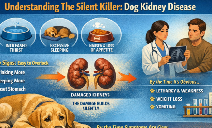 Informative infographic explaining the subtle signs of dog kidney disease, such as increased thirst, excessive sleeping, and upset stomach. It also shows how symptoms build over time and warns that kidneys may already be in serious trouble by the time symptoms are clear.