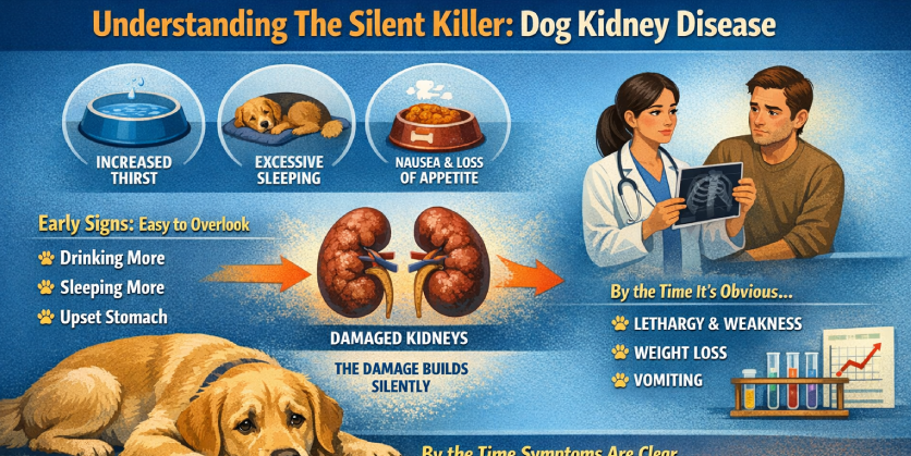 Informative infographic explaining the subtle signs of dog kidney disease, such as increased thirst, excessive sleeping, and upset stomach. It also shows how symptoms build over time and warns that kidneys may already be in serious trouble by the time symptoms are clear.