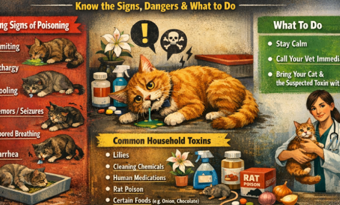 Infographic highlighting the signs of poisoning in cats, common household toxins, and the actions to take if poisoning is suspected. Features illustrations of cats and toxins in a vibrant, informative layout.