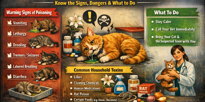 Infographic highlighting the signs of poisoning in cats, common household toxins, and the actions to take if poisoning is suspected. Features illustrations of cats and toxins in a vibrant, informative layout.