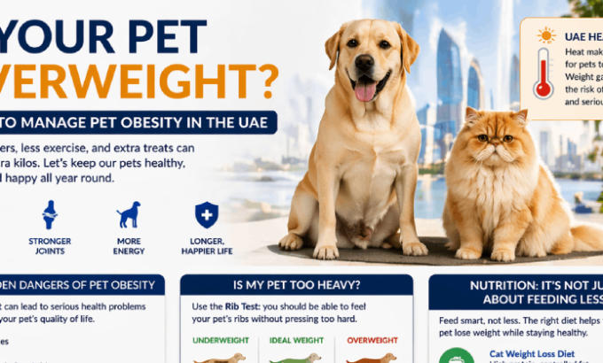 Infographic titled 'Is Your Pet Overweight?' providing tips on managing pet obesity in the UAE. It highlights the dangers of obesity, including diabetes, joint pain, and heatstroke. The infographic shows how to assess pet weight using the Rib Test, offers indoor exercise ideas like hallway fetch and puzzle feeders, and emphasizes the importance of proper nutrition and vet-approved weight loss food. It also includes a call to action for booking a weight management consultation at BVC Abu Dhabi Veterinary Hospital.