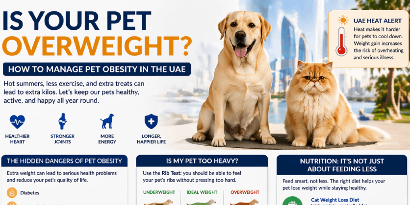 Infographic titled 'Is Your Pet Overweight?' providing tips on managing pet obesity in the UAE. It highlights the dangers of obesity, including diabetes, joint pain, and heatstroke. The infographic shows how to assess pet weight using the Rib Test, offers indoor exercise ideas like hallway fetch and puzzle feeders, and emphasizes the importance of proper nutrition and vet-approved weight loss food. It also includes a call to action for booking a weight management consultation at BVC Abu Dhabi Veterinary Hospital.