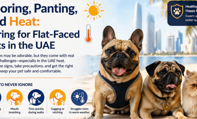 Infographic on caring for flat-faced pets in the UAE, featuring French Bulldogs, Pugs, and Persian cats. It highlights common breathing issues, signs to watch for, and safety tips for managing heat. Key sections include symptoms of Brachycephalic Airway Syndrome (BOAS) in dogs and eye discharge in Persian cats, along with UAE-specific safety advice. The infographic also promotes expert care and BOAS surgery by BVC Abu Dhabi Veterinary Hospital for improved pet health.