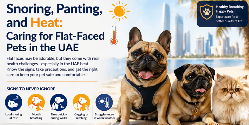 Infographic on caring for flat-faced pets in the UAE, featuring French Bulldogs, Pugs, and Persian cats. It highlights common breathing issues, signs to watch for, and safety tips for managing heat. Key sections include symptoms of Brachycephalic Airway Syndrome (BOAS) in dogs and eye discharge in Persian cats, along with UAE-specific safety advice. The infographic also promotes expert care and BOAS surgery by BVC Abu Dhabi Veterinary Hospital for improved pet health.