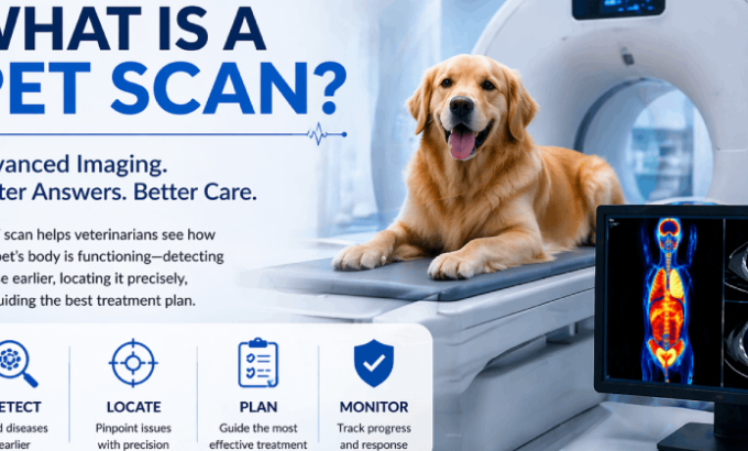 Veterinary guide explaining PET scans for pets, featuring a Golden Retriever on a PET/CT machine. The infographic highlights benefits like early disease detection, precise location identification, treatment planning, and progress monitoring. It includes icons representing each benefit, and detailed PET scan imagery for better pet healthcare, emphasizing compassion, technology, and trust."