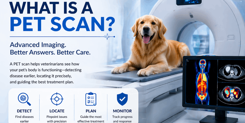 Veterinary guide explaining PET scans for pets, featuring a Golden Retriever on a PET/CT machine. The infographic highlights benefits like early disease detection, precise location identification, treatment planning, and progress monitoring. It includes icons representing each benefit, and detailed PET scan imagery for better pet healthcare, emphasizing compassion, technology, and trust."